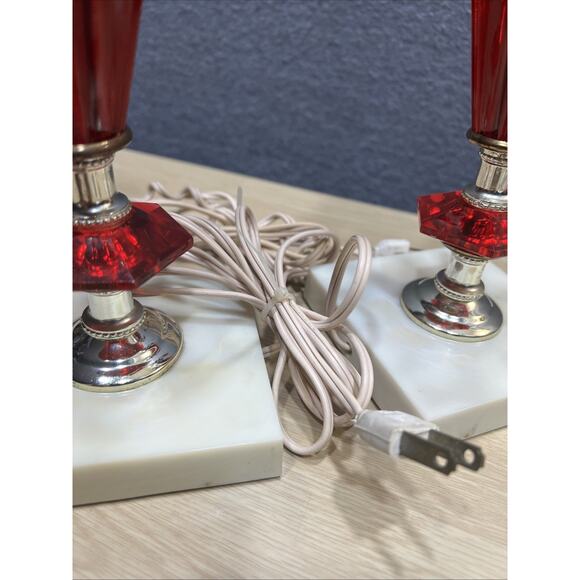 Vintage Red Hollywood Regency Lamp Crystals Gold Marble Punch Pleat Shade Lot 2 - Picture 13 of 15